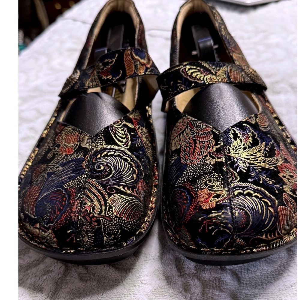 Alegria Paloma Mary Jane Shoes Black Metallic Paisley Velvet Clogs Womens